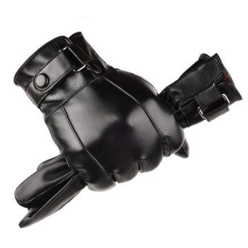 Men's PU Leather Touchscreen Gloves - Warm Velvet Lined, Black, Avg Size - 1