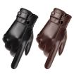 Men's Brown PU Leather Gloves - Warm Velvet, Touchscreen, One Size - 2
