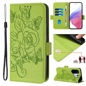 Vivo S30 Pro Mini Green Embossed Rose RFID Anti-theft Leather Case - 1