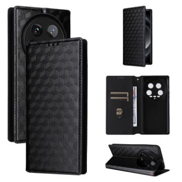 Xiaomi 14 Ultra Flip Leather Phone Case Black - Cubic Grid Texture - 1