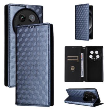Xiaomi 14 Ultra Blue Flip Leather Phone Case with Cubic Grid Texture - 1