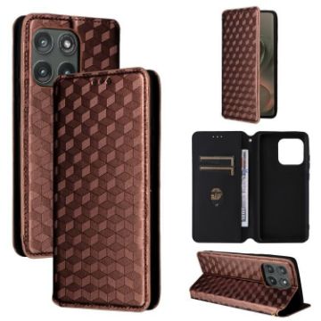 Motorola Edge 5G 2025 Flip Leather Phone Case, Brown, Cubic Grid Texture - 1