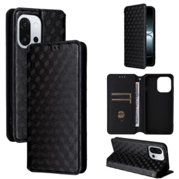 OnePlus 13T Flip Leather Phone Case - Black Cubic Grid Texture - 1