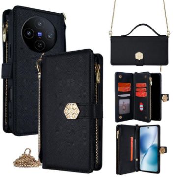 Vivo X200s 5G Black Crossbody Leather Phone Case - Cross Texture - 1
