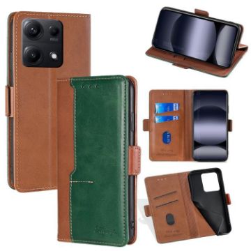Redmi Note 14S 4G Leather Phone Case - Light Brown & Green Contrast - 1