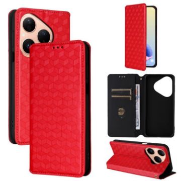 Huawei Pura 80 5G Red Flip Leather Phone Case with Cubic Grid Texture - 1