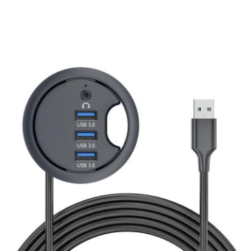 USB 3.0 Desk Grommet Splitter HUB Dock, 3 Ports + 3.5mm, 1.2m Cable - 1