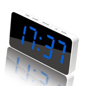 LED Mirror Digital Clock, Type-C Port, 18650 Battery Slot, White+Blue - 1