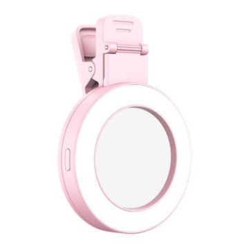 Foldable Pink Clip-on Mobile Phone Selfie Mirror with Fill Light - 1