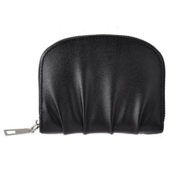 Black Women Wallet - Pleated PU Zipper Short Wallet, Solid Color Coin Purse - 1