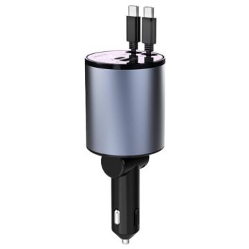 100W Metal Car Charger, Retractable Cable, TYPE-C+TYPE-C (PD+QC) - 1