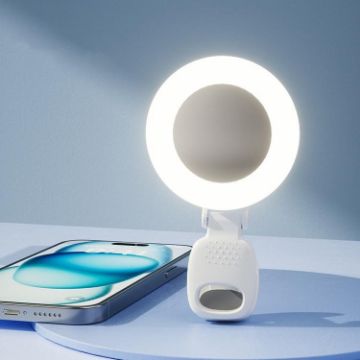 Rechargeable Clip-On Selfie Ring Light with Mirror - 3 Color Modes, White - 1