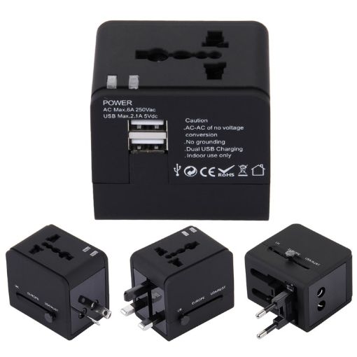 Dual USB Power Socket Charger Adapter 5V 2.1A, UK/EU/US/AU Plug, Black - 1