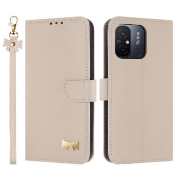 Redmi 11A/12C Apricot Leather Phone Case with Metal Bow & Hand Strap - 1