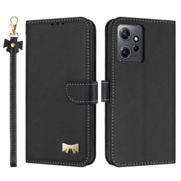 Redmi Note 12 4G Black Leather Phone Case with Metal Bow & Hand Strap - 1