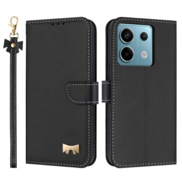 Redmi Note 13 5G Black Leather Phone Case with Metal Bow & Hand Strap - 1
