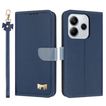 Redmi Note 14 4G Metal Bow Leather Case with Hand Strap - Dark Blue - 1