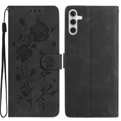 Samsung Galaxy A04S Black Leather Case with Rose Flower Embossing - 1