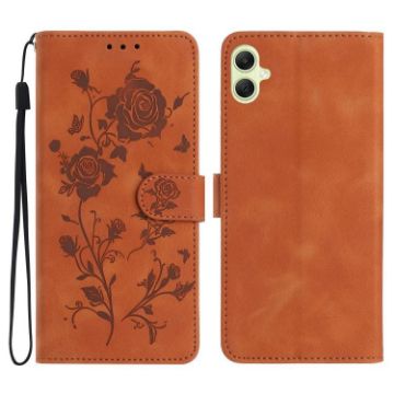 Samsung Galaxy A05 Brown Leather Case with Rose Flower Embossing Pattern - 1