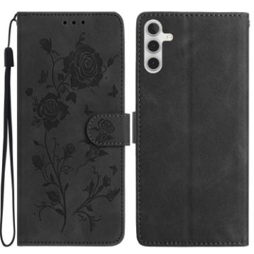 Samsung Galaxy A05S Black Leather Case with Rose Flower Embossing - 1