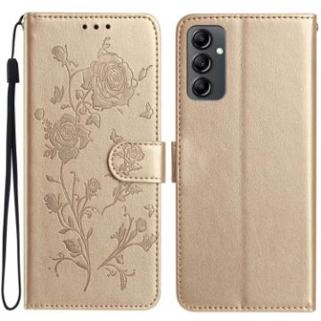 Samsung Galaxy A14 Gold Leather Case with Rose Flower Embossing Pattern - 1