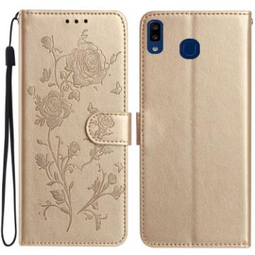 Samsung Galaxy A20/A30 Rose Embossed Leather Phone Case Gold - 1