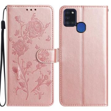 Samsung Galaxy A21S Rose Flower Embossed Leather Case - Rose Gold - 1