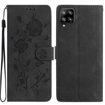 Samsung Galaxy A22 Black Leather Case with Rose Flower Embossing Pattern - 1
