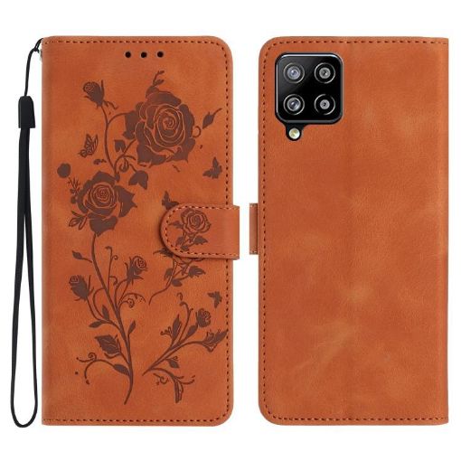 Samsung Galaxy A22 Brown Leather Case with Rose Flower Embossing - 1