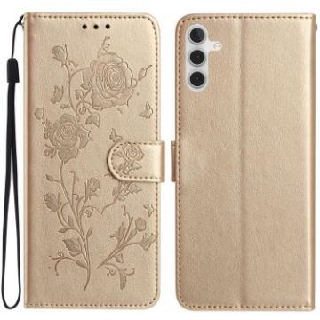 Samsung Galaxy A25 Gold Leather Case with Rose Flower Embossing Pattern - 1