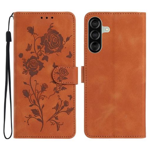 Samsung Galaxy A26 Brown Leather Case with Rose Flower Embossing - 1