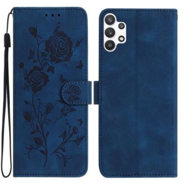 Samsung Galaxy A32 Dark Blue Rose Embossed Leather Phone Case - 1
