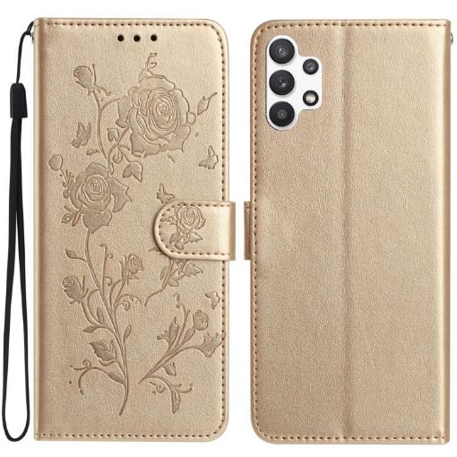 Samsung Galaxy A32 5G Gold Rose Flower Embossed Leather Phone Case - 1