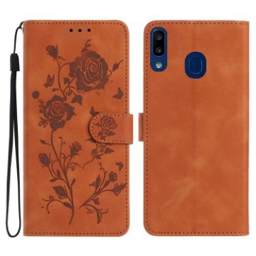 Samsung Galaxy A40 Brown Leather Case with Rose Flower Embossing Pattern - 1