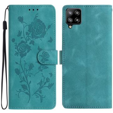 Samsung Galaxy A42 Green Leather Case with Rose Flower Embossing - 1