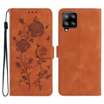 Samsung Galaxy A42 Brown Leather Case with Rose Flower Embossing - 1