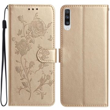 Samsung Galaxy A50 Gold Rose Flower Embossed Leather Phone Case - 1