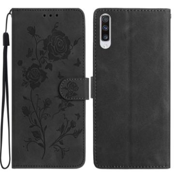 Samsung Galaxy A50 Black Leather Case with Rose Flower Embossing Pattern - 1