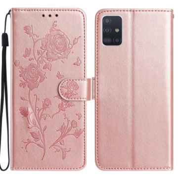 Samsung Galaxy A51 Rose Flower Embossed Leather Case - Rose Gold - 1