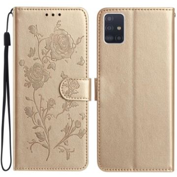 Samsung Galaxy A51 Gold Leather Case with Rose Flower Embossing Pattern - 1