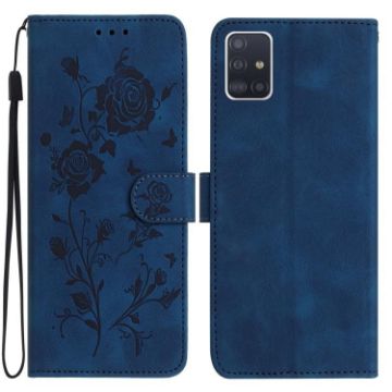 Samsung Galaxy A51 Dark Blue Rose Flower Embossed Leather Case - 1