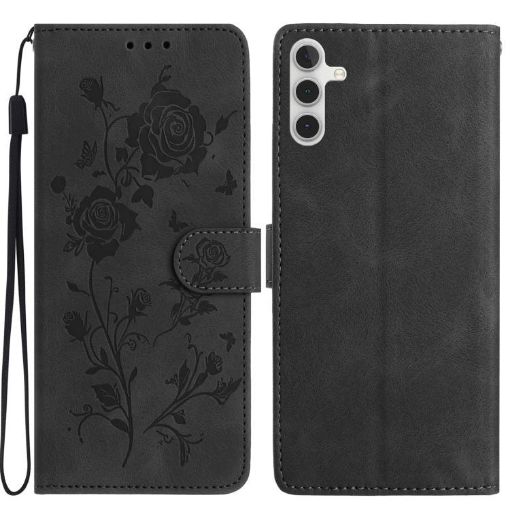 Samsung Galaxy A54 Black Leather Case with Rose Flower Embossing - 1