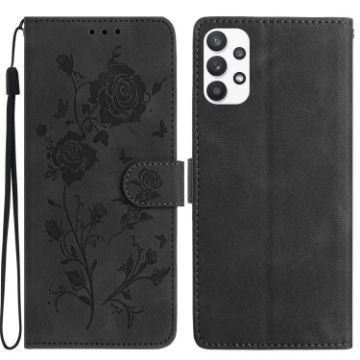 Samsung Galaxy A73 Black Leather Case with Rose Flower Embossing Pattern - 1