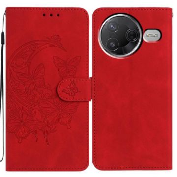 Red Embossed Leather Phone Case for Redmi K80/K80 Pro - Moonlit Butterfly - 1