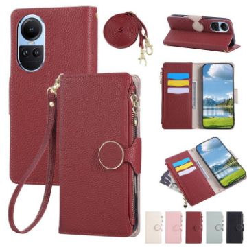 OPPO Reno10/10 Pro Red Leather Wallet Phone Case with Crossbody Strap - 1