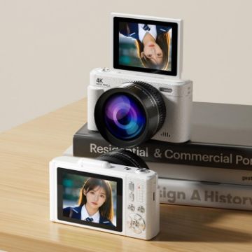 V5 64MP Retro Digital Camera 4K, 180 Flip Screen, Small Lens White - 1