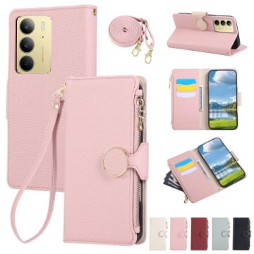 Realme C75/14X 5G Pink Leather Wallet Phone Case with Crossbody Strap - 1