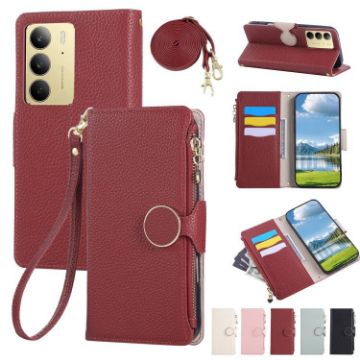 Realme C75/14X 5G Red Leather Wallet Phone Case with Crossbody Strap - 1