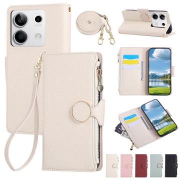 Redmi Note 13 4G Leather Wallet Phone Case with Crossbody Strap - White - 1