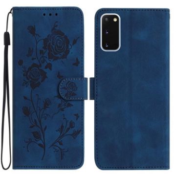 Samsung Galaxy S20 5G Dark Blue Rose Embossed Leather Phone Case - 1